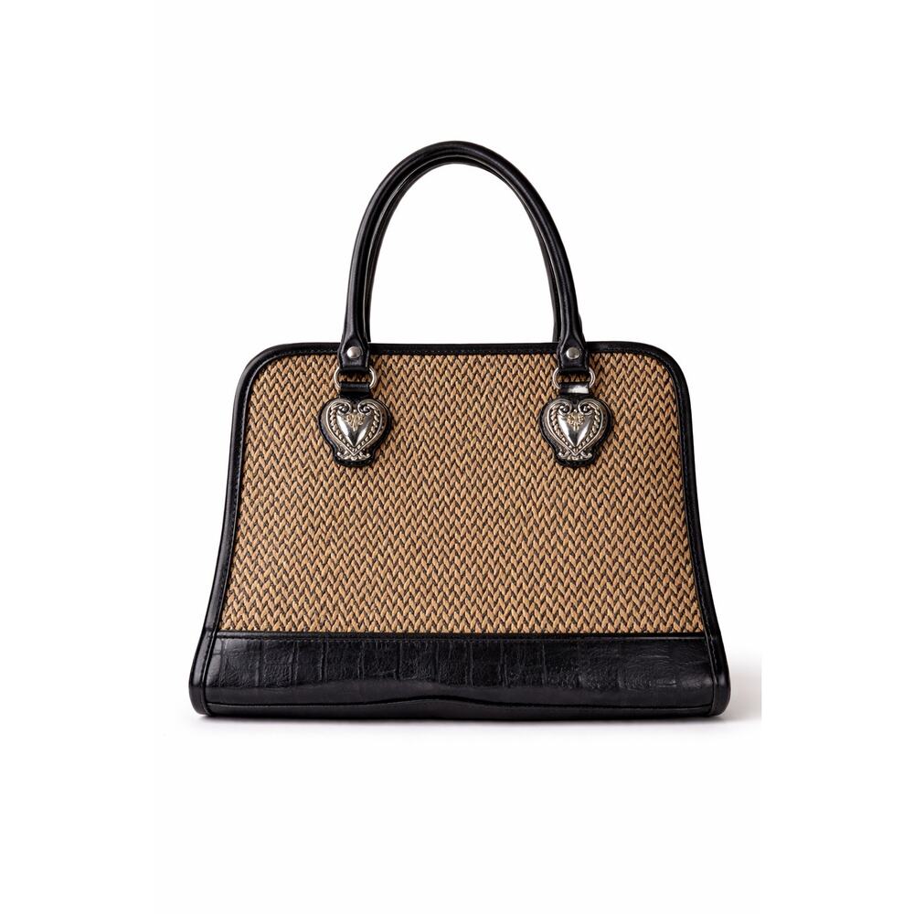 Marlo Heart Hardware Woven Satchel Handbag Black Tan